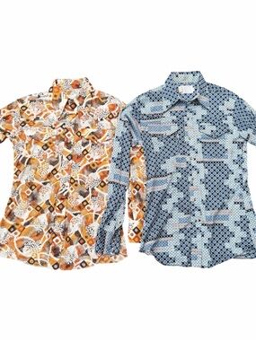 Vintage Lot 2 Vintage Polyester Big Collar Geometric Shirts Snap Button Medium